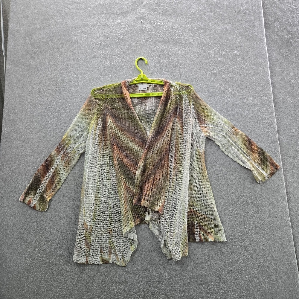 Jess & Jane Women Cardigan XL‎ Green Geometric Open Front Metallic V-Neck